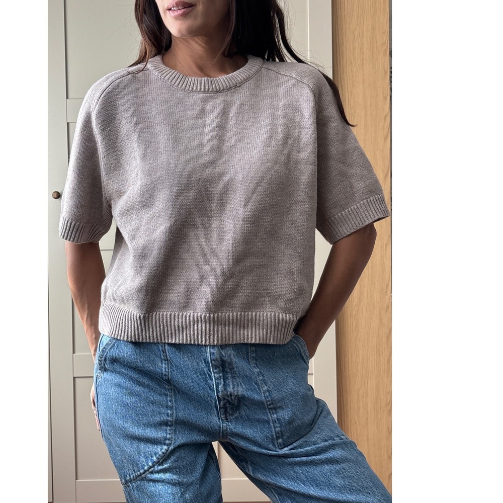 Abercrombie & Fitch Women Taupe Short Sleeve Cotton Knit Cropped Sweater S